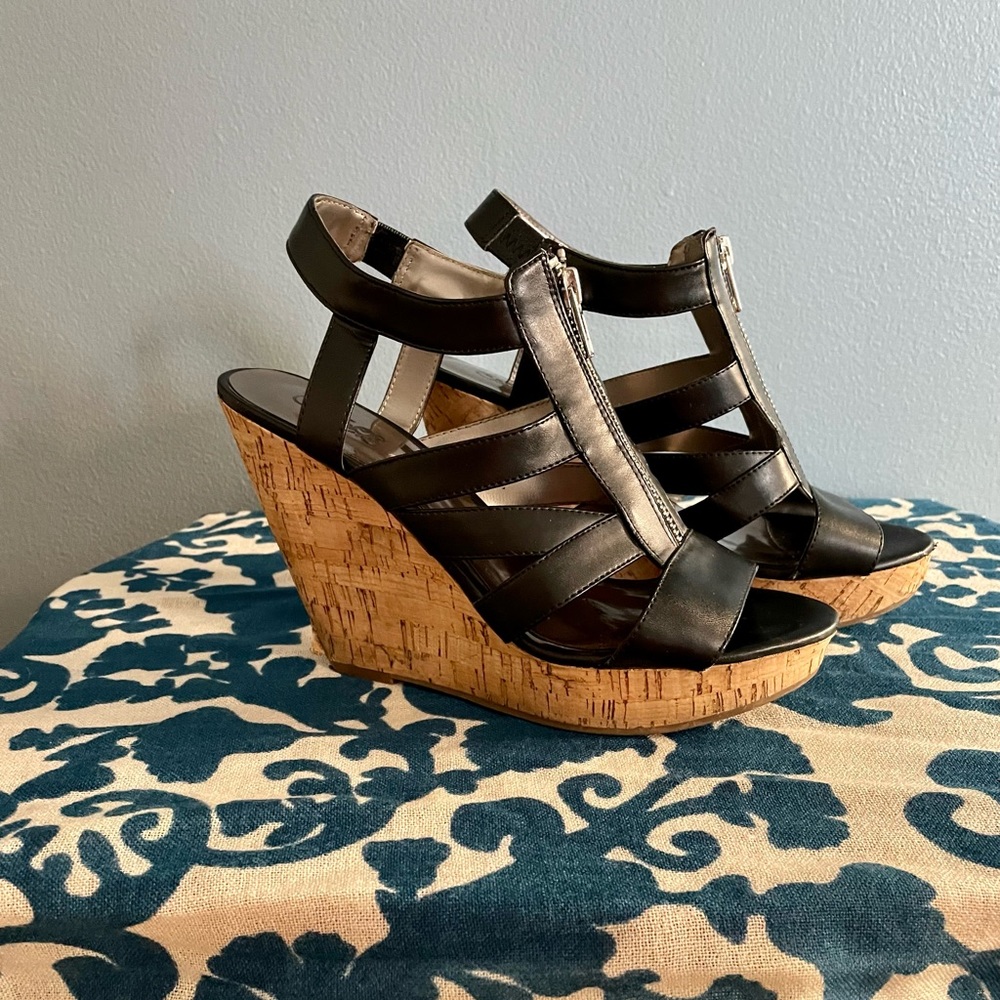 Size 8 Carlos Santana Strappy Black Cork Wedge Heels